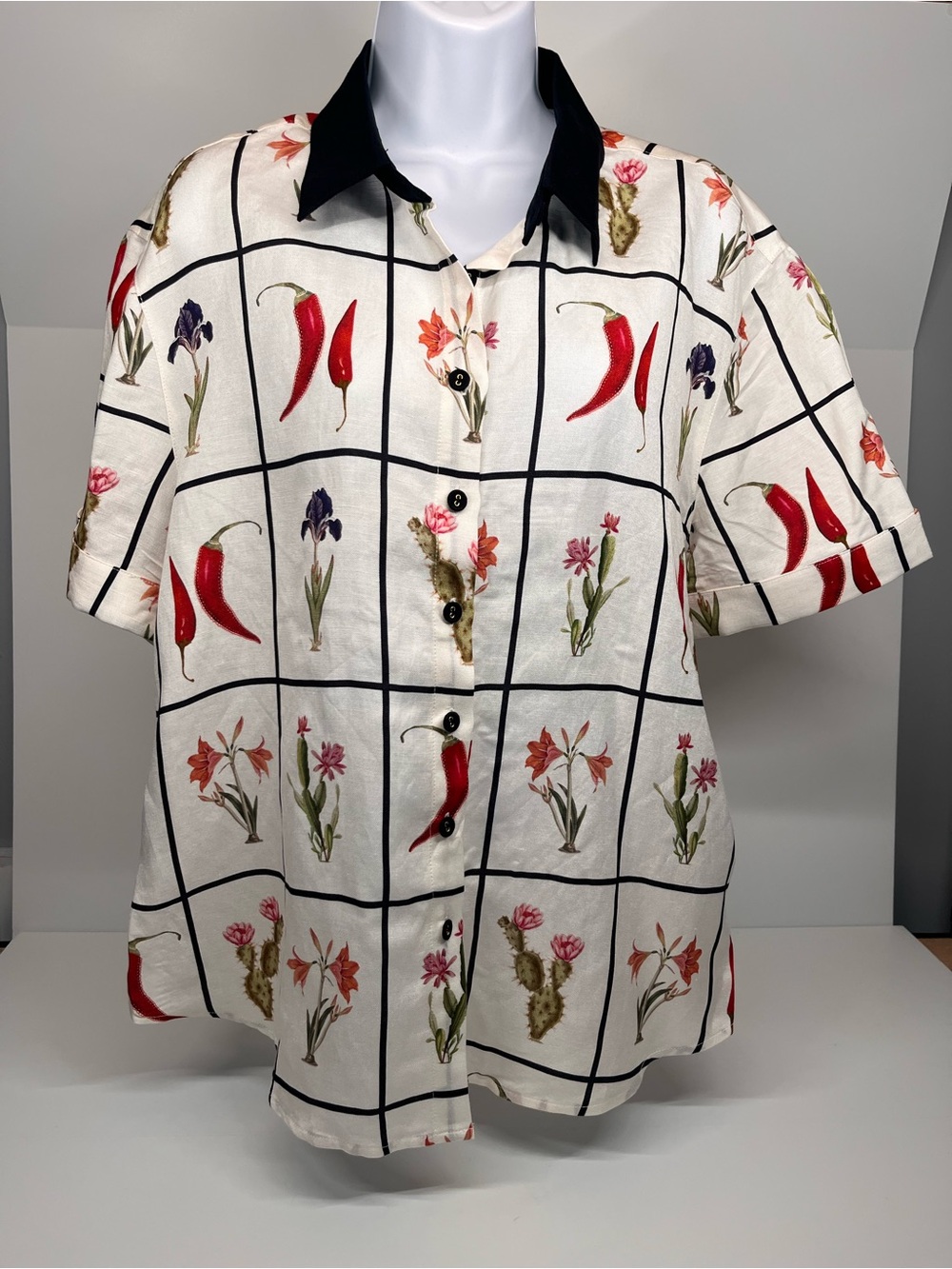 Kivari White Short-Sleeve Button-Down Shirt with Red Chili & Black Grid